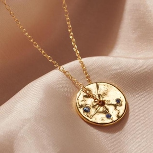 Emerald birthstone pendant in 18 carat gold plated sterling silver, May birthday coin necklace, Real emerald spinner disc, 40th birthday her Sapphire (Sept)