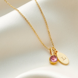 Collar de turmalina rosa con piedra natal y diamantes auténticos en oro vermeil de 18 quilates con dije de letra ovalada, colgante con piedra natal de octubre, regalo del 21.º aniversario