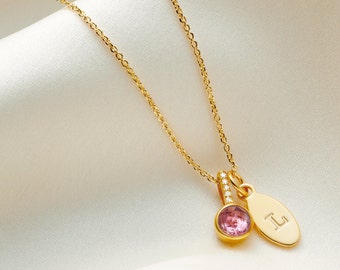 Pink Tourmaline birthstone necklace with real diamonds in 18 ct gold vermeil with oval letter charm, October birthstone pendant, 21st gift