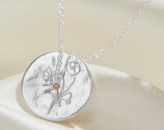 August birth flower necklace in sterling silver, Poppy birth flower pendant, 40th birthday gift, Floral necklace, silver coin pendant
