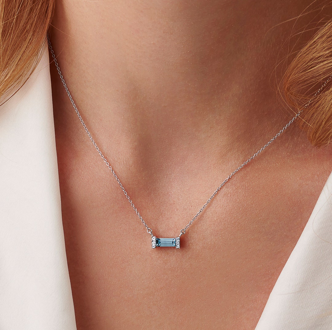 Aquamarine Baguette Birthstone Necklace in Sterling Silver