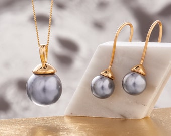 Soft grey single pearl pendant necklace and drop earring set in 18 carat gold vermeil, 30th wedding anniversary gift for her