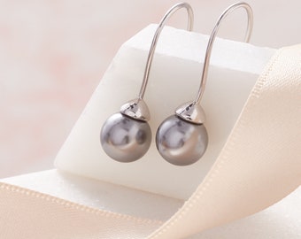 Simple soft grey pearl real silver hook earrings