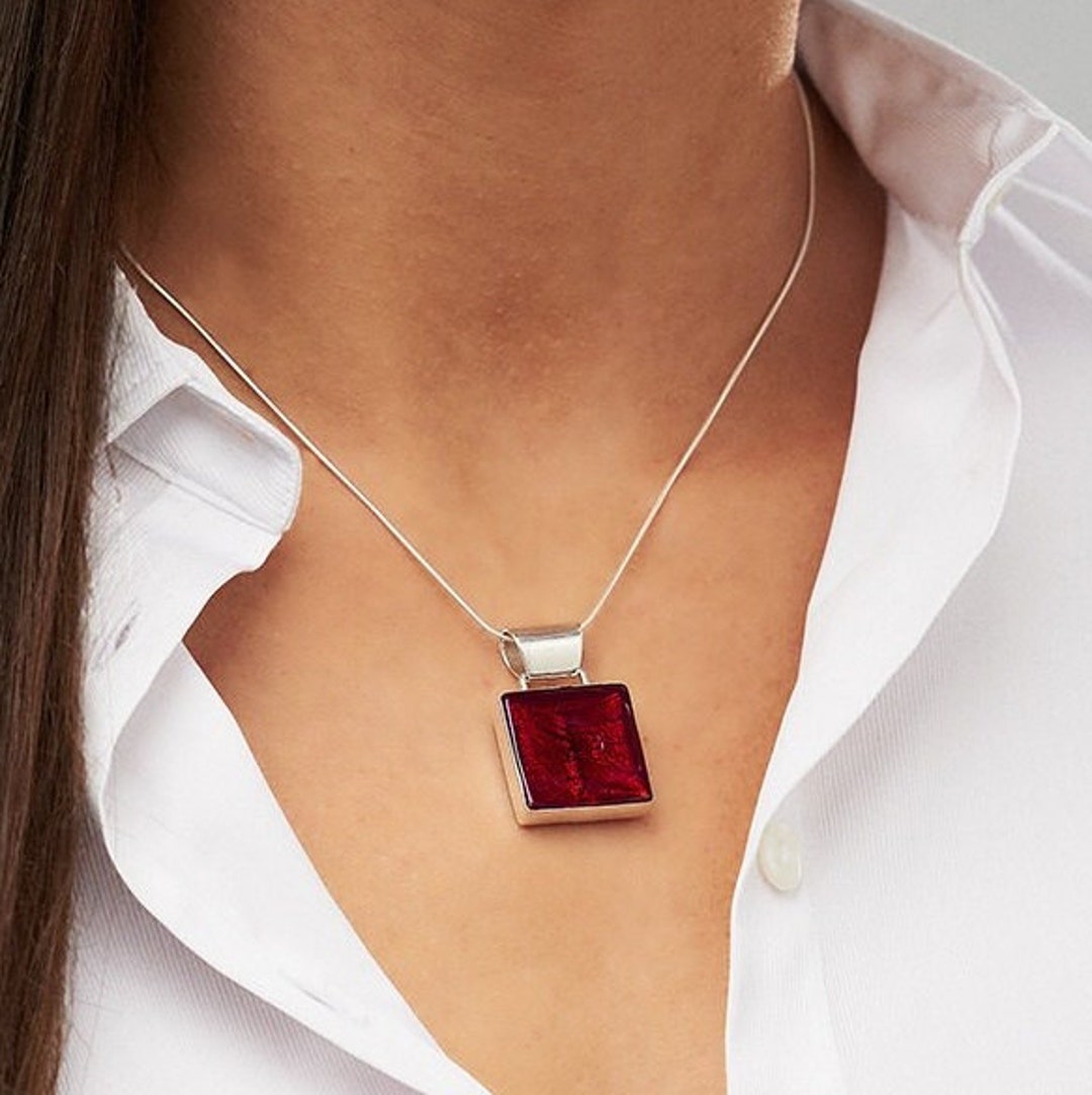 Murano Glass Square Necklace, Ruby Red Pendant, Venetian