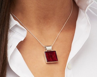 Murano Glass Square Necklace, Ruby Red Pendant, Venetian Glass, Sterling Silver Pendant, Ruby Wedding Anniversary gift, 60th birthday gift