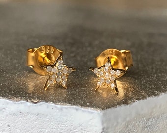 Diamant Ohrringe, Stern Ohrstecker, echte Diamant Ohrstecker, kleine Diamant Ohrstecker, Gold Stern Ohrringe, 18 Karat vergoldetes Silber, kleine Ohrstecker