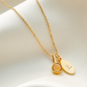 Collar de citrino con diamantes reales y dije inicial en oro vermeil de 18 quilates, collar con piedra natal de noviembre, regalo de embarazo, regalo de 50 cumpleaños