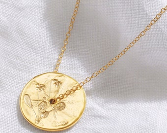Collier fleur de naissance pour anniversaire de février, pendentif fleur de naissance violette, collier pièce de monnaie en or, collier disque spinner en or, cadeau du 30e anniversaire