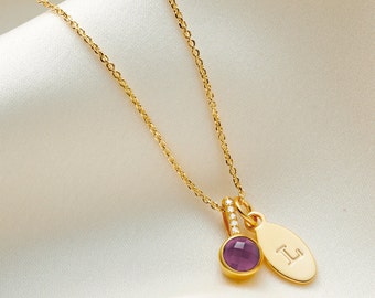 Amethyst necklace with real diamonds & gold initial charm, February birthstone necklace, 30th birthday pendant, 21st birthday for daughter