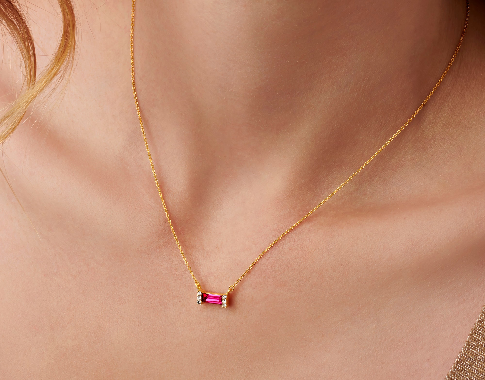 Ruby Baguette Birthstone Necklace in Gold Vermeil July Birthstone