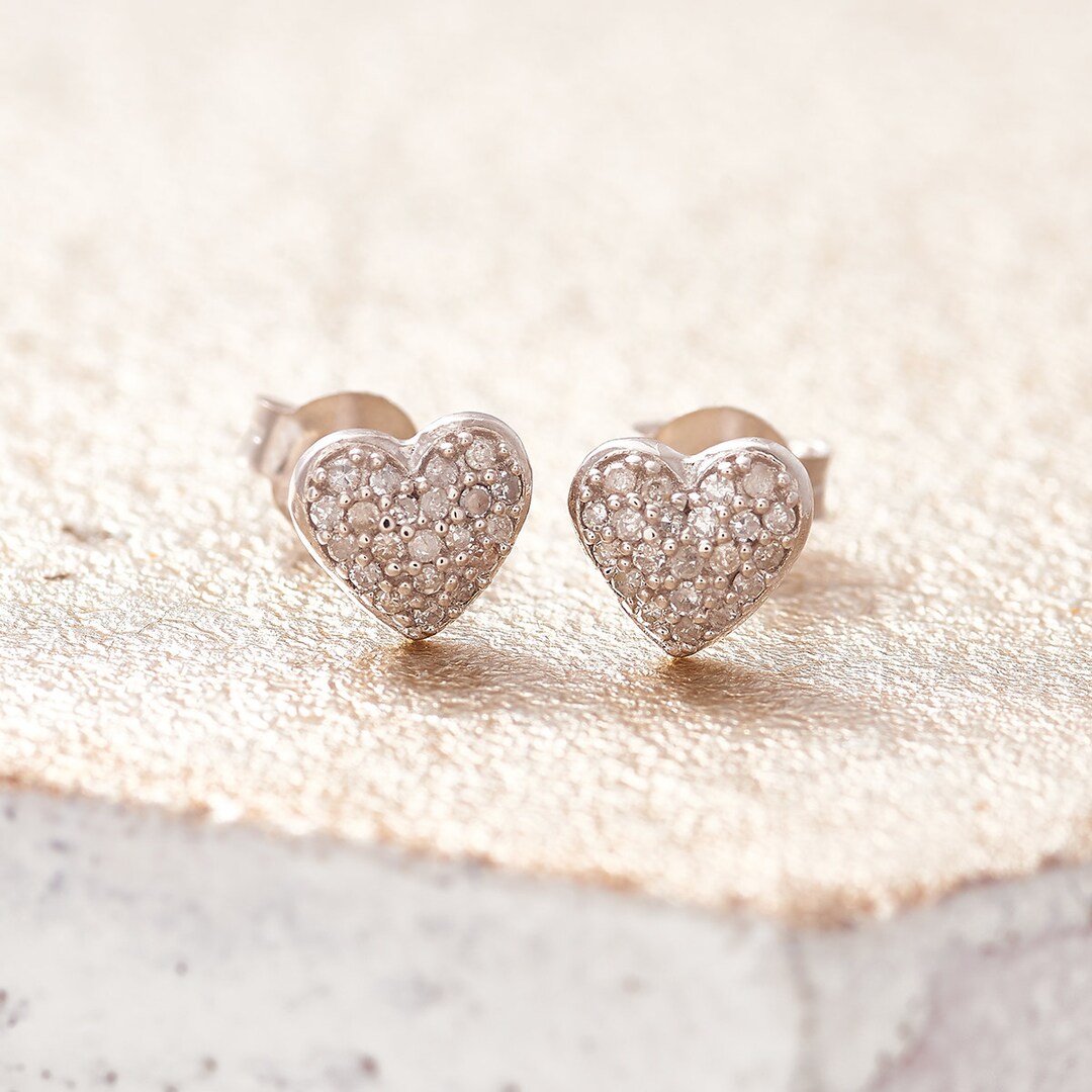 Diamond Heart Earrings Tiny Diamond Studs Real Diamond Heart Etsy