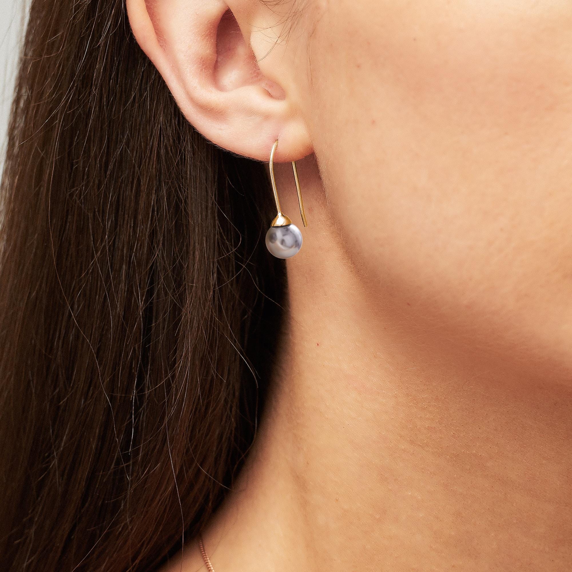 Soft Grey Pearl Earrings in Gold, Long Drop Pearl Earrings