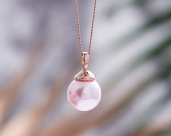 Pale pink single pearl pendant necklace and chain in rose gold vermeil, baby pink pearl pendant, bridesmaid gift, blush pink pearl