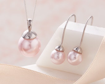 Pearl drop earring & pearl pendant necklace set in silver - blush pink pearl earrings - pale pink pearl necklace - 30th wedding anniversary