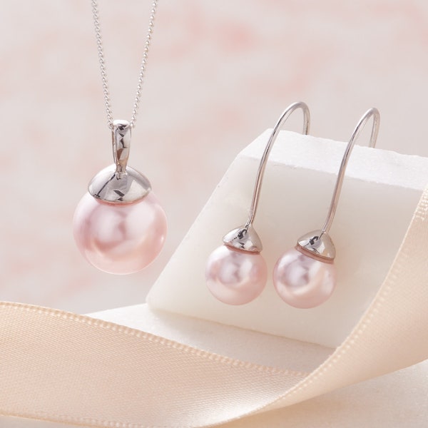 Pearl drop earring & pearl pendant necklace set in silver - blush pink pearl earrings - pale pink pearl necklace - 30th wedding anniversary
