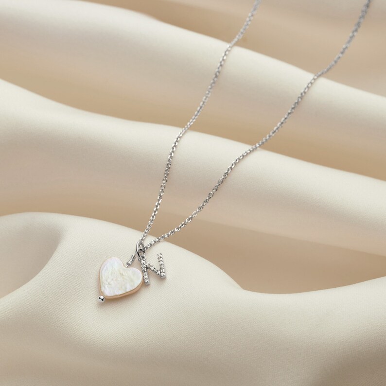 Diamond initial necklace with heart shaped freshwater pearl, Real diamond letter charm necklace, June birthstone, 21st birthday gift for her image 2