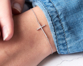 Diamond cross bracelet, Sideways cross bracelet,  Holy Communion gift,  Baptism gift,  Confirmation bracelet, Religious charm bracelet