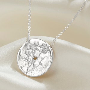 Birth flower necklace for October, Cosmos pendant, Silver circle spinner, 30th birthday gift, October birthday, Botanical necklace, New mum