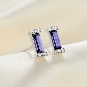 Tanzanite earrings, December birthstone earrings, Tanzanite studs, Sterling silver baguette earrings, 30th birthday gift, Mothers Day gift
