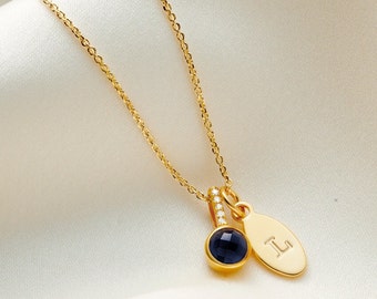 Sapphire necklace with real diamonds & gold initial charm, September birthstone necklace, 40th birthday gift, Push present, Bridesmaid gift