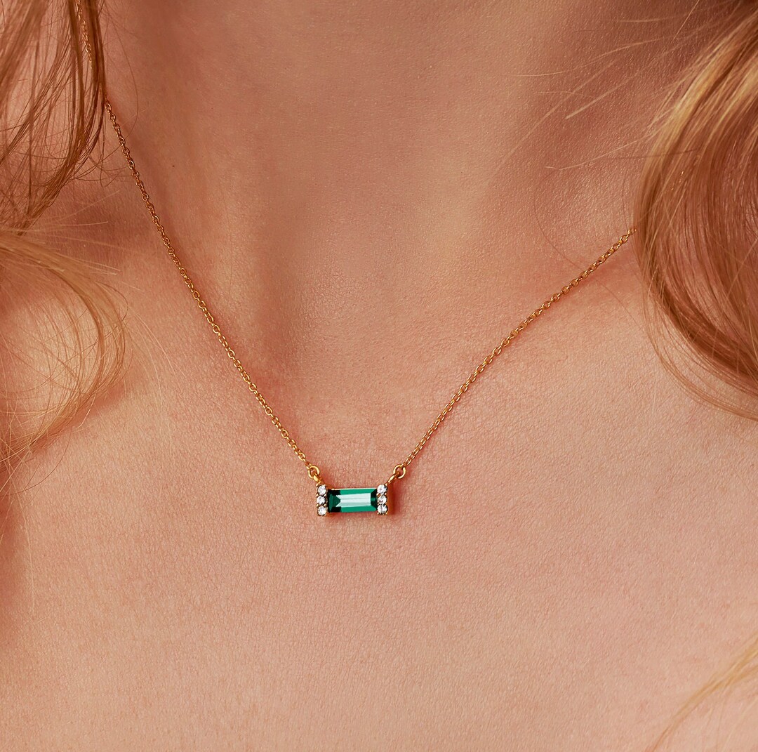 14K Gold Plated Emerald Birthstone Necklace Set - Dainty Adjustable Green Charm & Zirconia Necklace