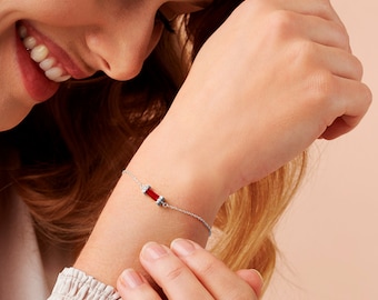 Garnet bracelet in sterling silver, Dainty baguette bracelet, January birthstone bracelet, 30th birthday gift for her, Red stone bracelet