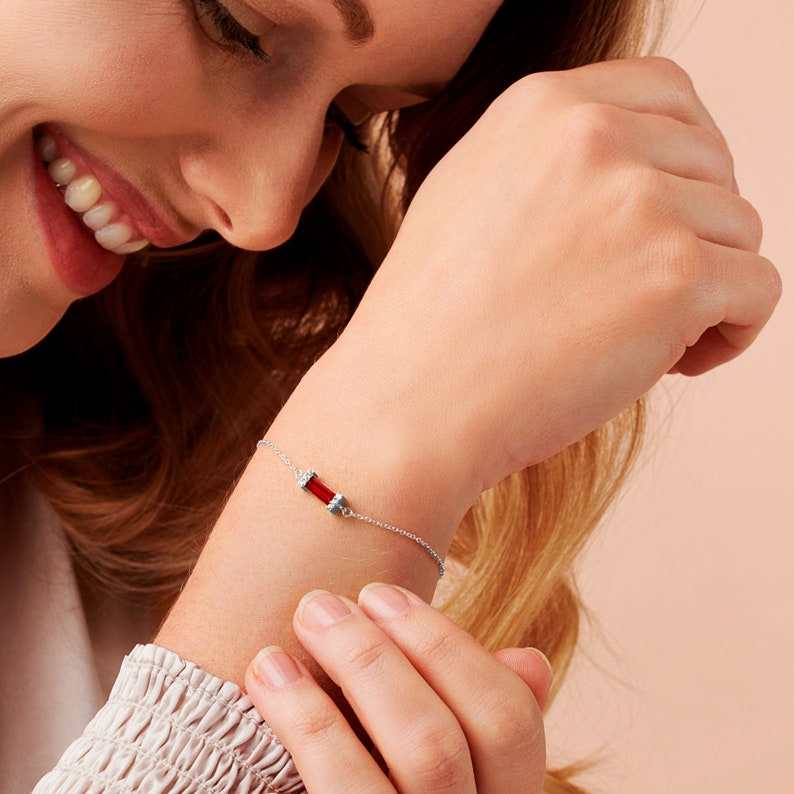 Garnet bracelet in sterling silver, Dainty baguette bracelet, January birthstone bracelet, 30th birthday gift for her, Red stone bracelet image 1