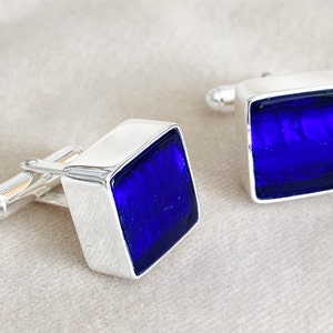 Murano glass cufflinks set in sterling silver, Cobalt Blue Cufflinks, Square royal blue cuff links, gift for best man, Real Venetian glass