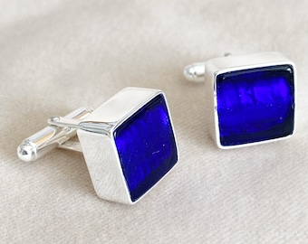 Murano glass cufflinks set in sterling silver, Cobalt Blue Cufflinks, Square royal blue cuff links, gift for best man, Real Venetian glass