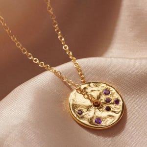 Emerald birthstone pendant in 18 carat gold plated sterling silver, May birthday coin necklace, Real emerald spinner disc, 40th birthday her Amethyst (Feb)