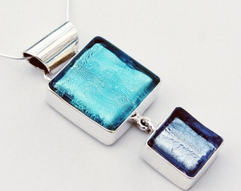 Murano Glass Blue Stone Pendant, Venetian Glass and Sterling Silver Necklace for Woman, Blue Gift for Her, Handmade Double Square Pendant