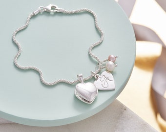 Silver charm bracelet with tiny silver heart photo locket personalised with initials and real semi precious birthstones