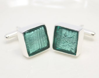 Murano Glass Cufflinks, Emerald Green Cufflinks, Venetian Glass and Silver Cufflinks, Wedding Anniversary Gift for Him, Cufflinks for Groom