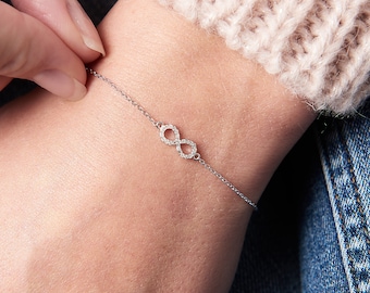 Infinity diamond bracelet in silver personalised with real tiny heart initial or number charms