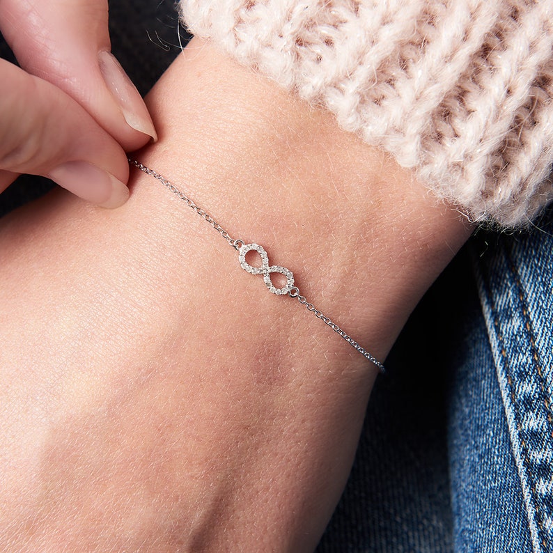 Infinity diamond bracelet in silver personalised with real tiny heart initial or number charms image 1