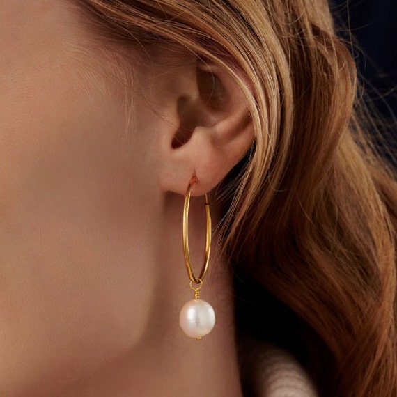White gold pearl hoop earrings deals