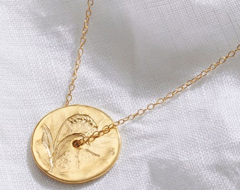 Lily of the Valley birth flower necklace, Gift for May birthday, Gold coin necklace, 18 ct gold disc, 50th birthday gift, 40th birthday