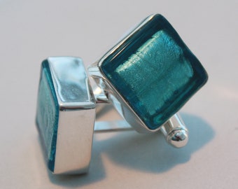 Murano Glass Cufflinks set in Solid Sterling Silver  - Aqua Blue Square Cufflinks - Wedding Cufflinks - Fathers Day Gift - Gift for Him