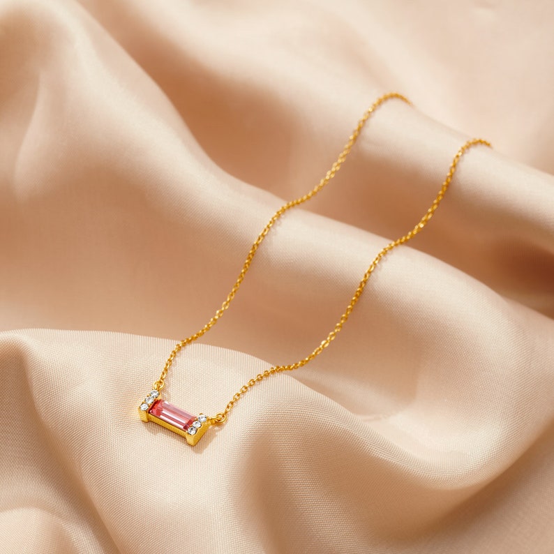 Pink Tourmaline Birthstone Baguette Necklace in gold vermeil, October birthday birthstone pendant, Pink crystal necklace, Mother's Day Gift image 7