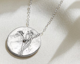 Birth flower necklace for March, Daffodil pendant, March birthday, 50th birthday gift, Baby shower gift, Engraved solid silver coin pendant