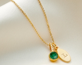 Smaragd Geburtsstein Kette mit echten Diamanten, 18 Karat Gold Vermeil Buchstabe Charm Halskette, Mai Geburtsstein Anhänger, 50