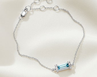 Aquamarine birthstone sterling silver bracelet , March birthstone bracelet, Baguette bracelet, 18th birthday gift, Blue stone bracelet