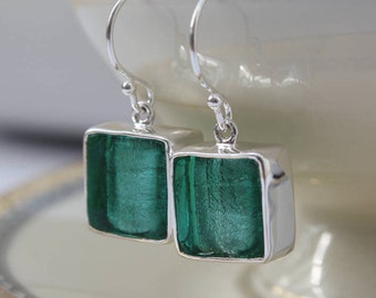 Murano Glass Dangle Emerald Green Earrings, Venetian Drop Square Earrings, Emerald Wedding Anniversary Gift, 50th and 60th Birthday Gift