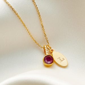Collar con piedra natal de rubí real, diamantes en oro vermeil de 18 quilates y dije de letra ovalada, colgante con piedra natal de julio, regalo de 50 cumpleaños
