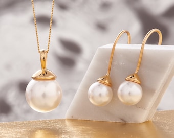 White pearl pendant necklace and earring set in 18 carat gold vermeil, 30th wedding anniversary gift for her