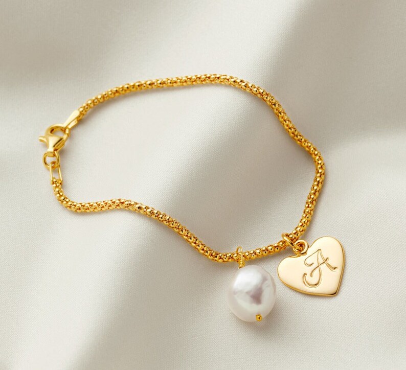 Gold heart charm bracelet with single baroque pearl, Single ivory freshwater pearl gold bracelet, Gold initial bracelet, 50th birthday gift image 1
