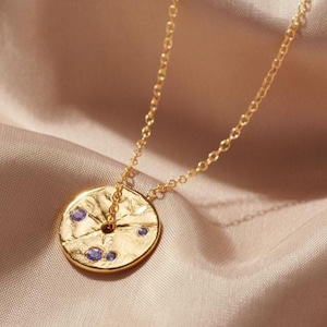 Emerald birthstone pendant in 18 carat gold plated sterling silver, May birthday coin necklace, Real emerald spinner disc, 40th birthday her Tanzanite (Dec)