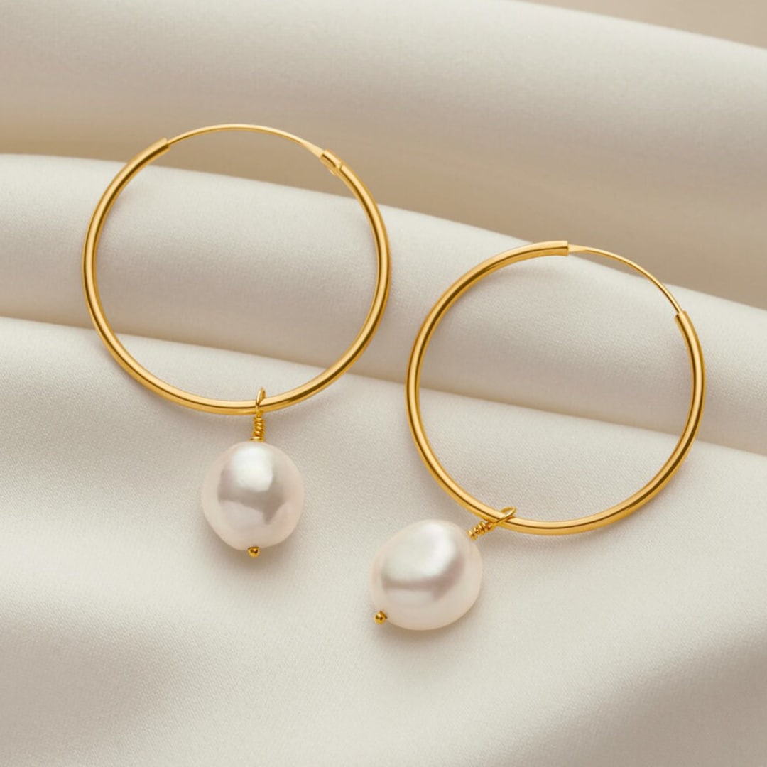 [ILYAND] 韓国ブランド☆10K GOLD☆Baroque Pearl Hoop Earrings 13-15MM Baroque Pearl Hoop Earrings for Women in 14K Gold