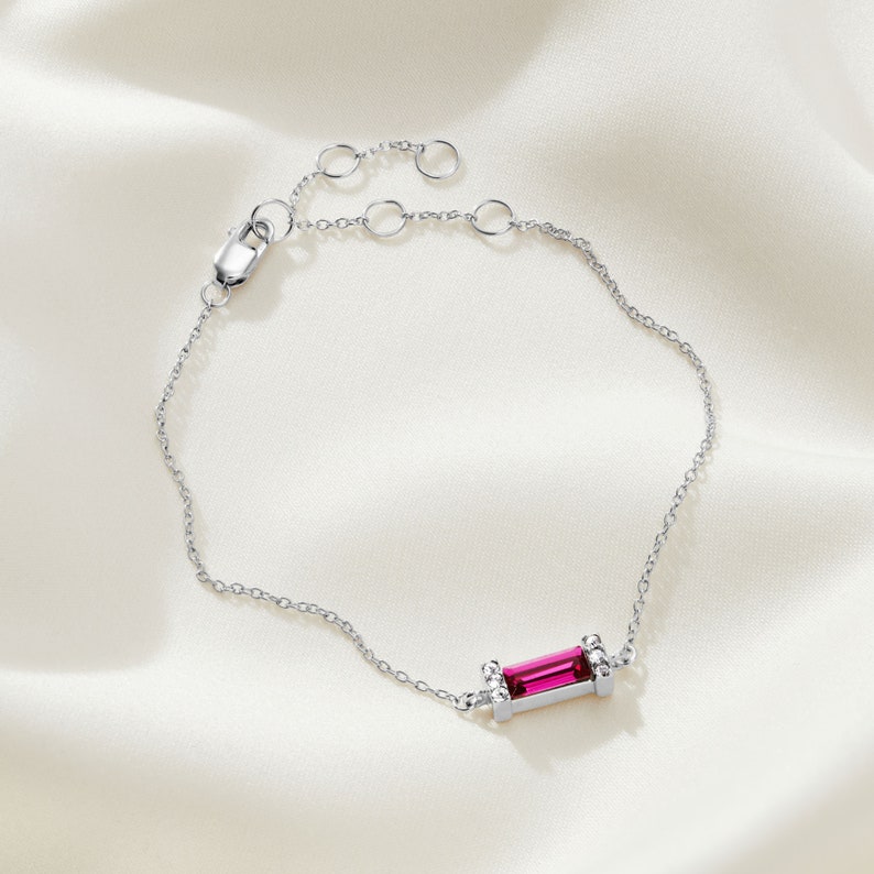 Ruby birthstone sterling silver bracelet , July birthstone bracelet, Baguette bracelet, 40th birthday, Adjustable dainty silver bracelet image 2