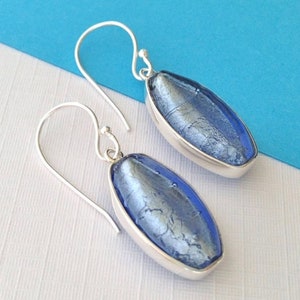 Genuine Murano glass dangle earrings in sterling silver in Ice Blue, Gift for her 70th, Retirement Gift, Leaving Gift Idea